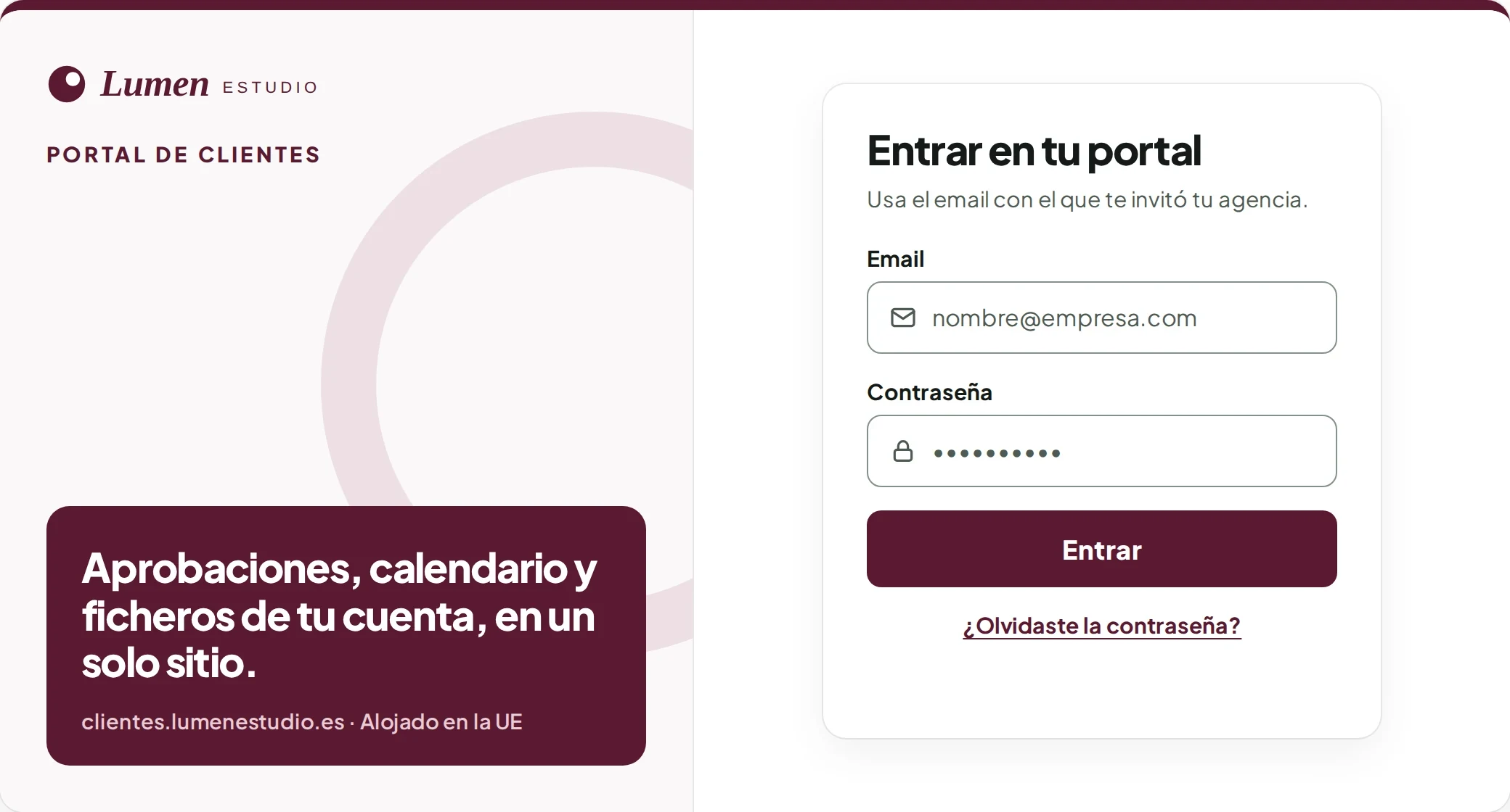 Pantalla de acceso del portal con la marca de una agencia ficticia, Lumen Estudio